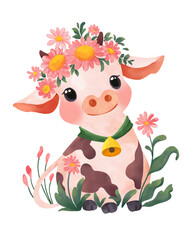 watercolor painting of a pink cow with flowers