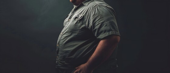 Strong man standing confidently in a dark, dramatic lighting setting, showcasing determination and strength in a modern portrait style against a plain background.