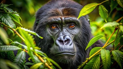 Fototapeta premium Intense Gaze of a Gorilla Peeking Through Foliage: A Panoramic Wildlife Photography Experience Emphasizing Nature and Conservation Efforts in the Heart of the Jungle