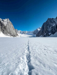 Fototapeta premium Snowy glacier pathway through mountain landscape