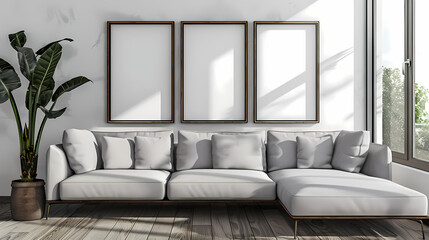 Modern Living Room Mockup with Triptych Frames 