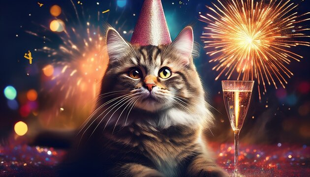 Generated image Funny cat at New Year's eve party. Fireworks are exploding in the background, festive season