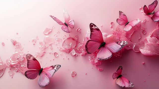 Pink butterflies with water splashes on pastel background.