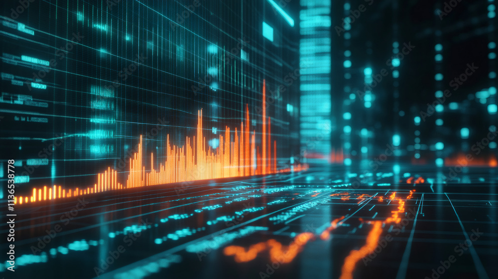 Leinwandbilder Orange bar graph growing on digital screen with futuristic perspective view and coding, showing positive stats and progress