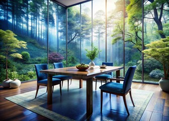 Fototapeta premium Japandi Dining Room, Blue Table, Double Exposure, Elegant Decor, Interior Design, Minimalist Style