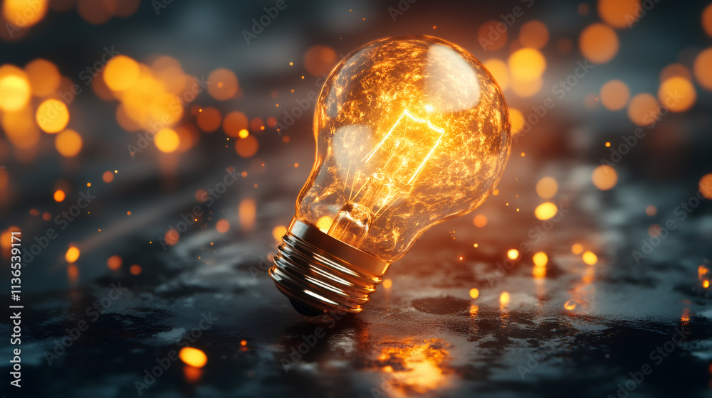 Poster glowing light bulb with magical sparks symbolizing creativity, innovation, and the emergence of new 