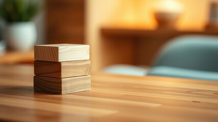 Three smooth wooden blocks stacked on a light wood surface in a calming home setting