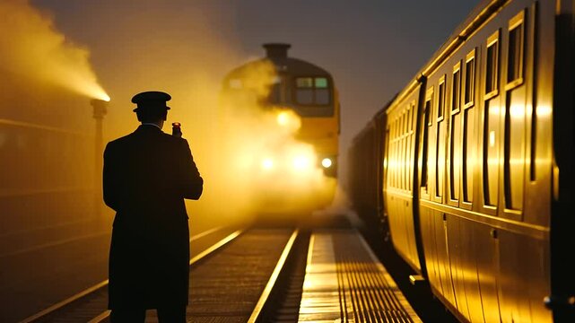 Train Conductor Signaling Departure on Platform with Lantern