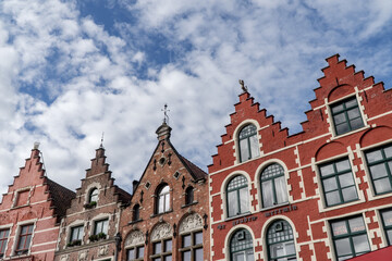 The central square  and the houses with colorful facades in Bruges, Belgium