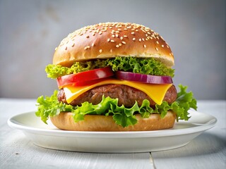 Juicy Burger Photo: Delicious Restaurant Food Photography, White Background, Closeup