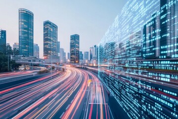 Dynamic Metropolis: A Futuristic Cityscape with Binary Code Overlay