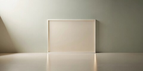 Empty white frame against a neutral wall and floor with soft lighting