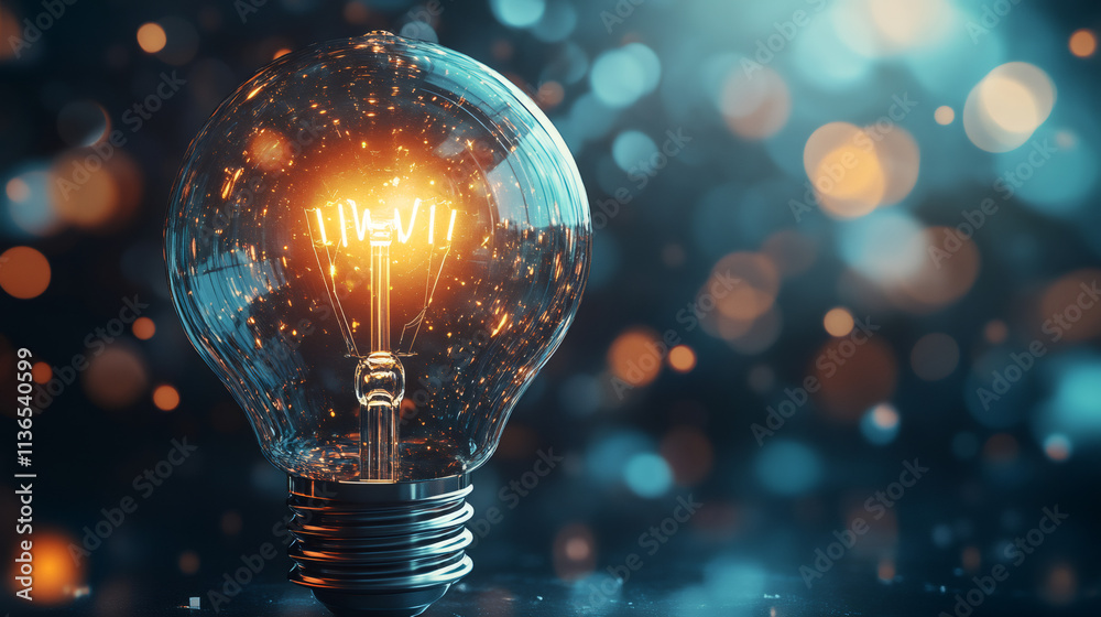 Aufkleber lit light bulb symbolizing innovation and creativity against a blurred, sparkling backdrop
