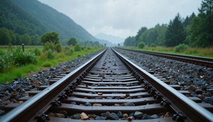 Straight railroad tracks stretching into the misty distance.