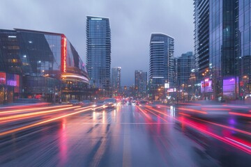 Fototapeta premium Urban Metropolis at Night: A Cityscape of Skyscrapers and Moving Traffic on a Rainy Evening