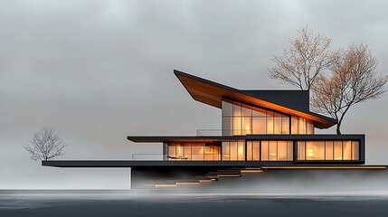 A sleek one-story building with a design mimicking the tension and release of a bowstring, symbolizing precision and aerodynamic efficiency, illuminated by soft gradient lighting. Ultra-Realistic, 
