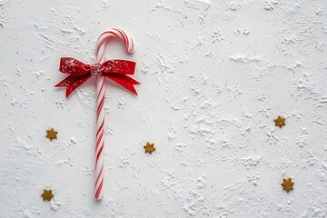 A minimalist design with a white background, a single candy cane crossed with a red ribbon bow in the corner, and small golden stars scattered around