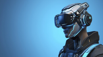 Futuristic man wearing advanced virtual reality headset, showcasing sleek design and technology. blue background enhances modern aesthetic and immersive experience