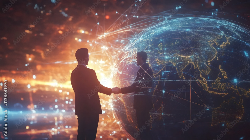 Poster two businessmen shaking hands in front of a digital world globe, symbolizing global business and int