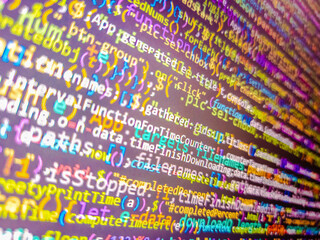 Source code programming concept. Software development monitor screen background. Abstract seamless zigzag pattern with waves in white, green, blue, lilac tones. Computer html code on screen.