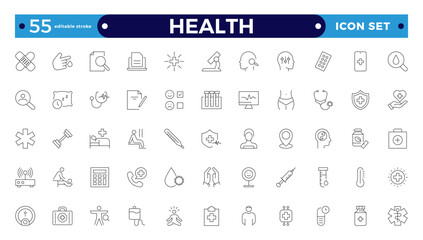 Health Care outline icon set. Medicine and Health Care linear icon collection. Containing emergency, doctor, treatment, medical, report, diagnosis, health, prevention. Editable stroke outline icon.