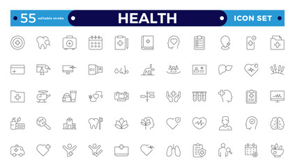 Health Care outline icon set. Medicine and Health Care linear icon collection. Containing emergency, doctor, treatment, medical, report, diagnosis, health, prevention. Editable stroke outline icon.