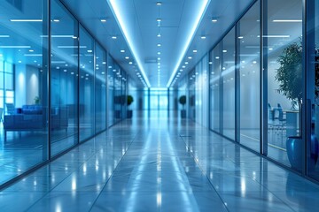A long, bright hallway in an office building.