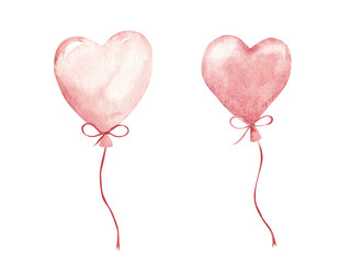 Set of Heart shaped pink air Balloons. Hand drawn Watercolor festive illustration. Decorative elements for Valentines Day or Wedding designs. For card, invitations and prints.