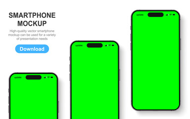 Smartphone mockup front view, 3D mobile phones, high quality smart phone mockup for ui ux presentation, realistic smart phone set isolated on white background