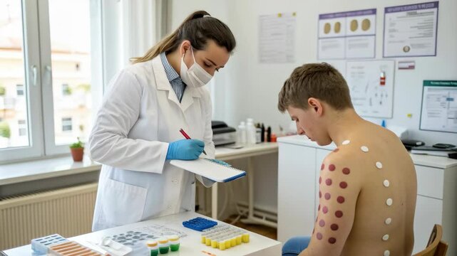 Medical Professional Conducts Allergy Test on Patient in Clinic