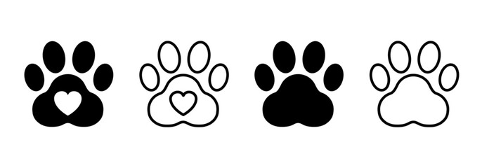 Paw footprint set icons, cute animal track with heart, paw icons in solid and line style © dlyastokiv