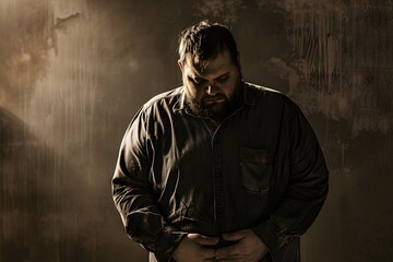 Obraz premium A man with a beard in a dimly lit room, showcasing deep emotions and introspection, wearing a simple shirt and standing against a grungy textured background