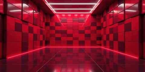 Fototapeta premium Modern Red Room with Neon Accents and Geometric Tiles