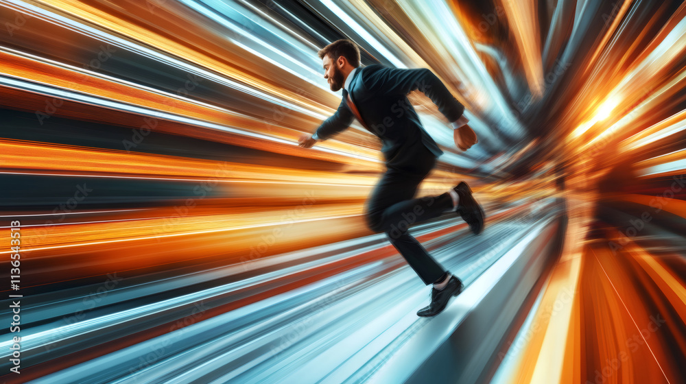 Poster businessman sprinting in an abstract tunnel with motion blur effect, symbolizing speed, dynamism and