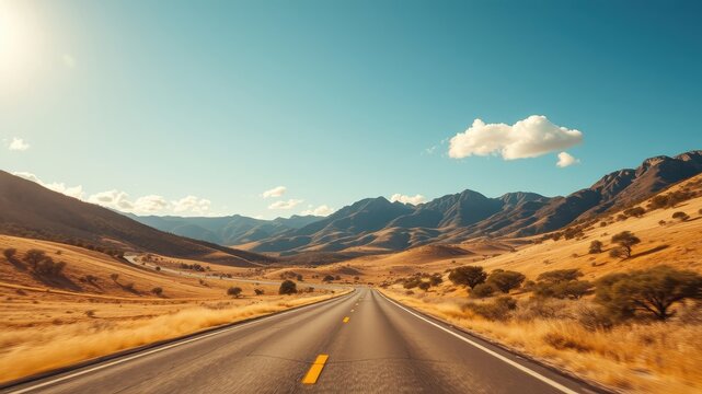 Asphalt road journey through a sun-drenched, arid landscape with rolling hills and distant mountains under a clear blue sky.