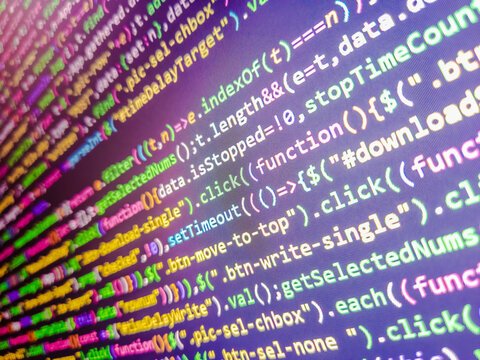 Background image. Developer display with source code. Programming concept. Lines of code on computer screen. Abstract background of digital binary code of software. Night city with connectors.