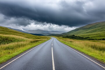 Naklejka premium Serene Mountain Road Trip: A Breathtaking Landscape Journey Through Lush Green Valley Under Dramatic Clouds