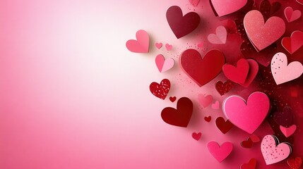 Valentine's Day card with hearts paper cut style on a pink background.