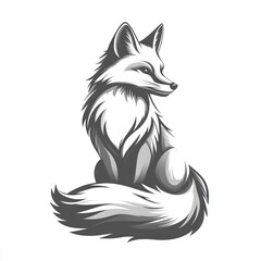 Majestic grayscale fox sitting, bushy tail.