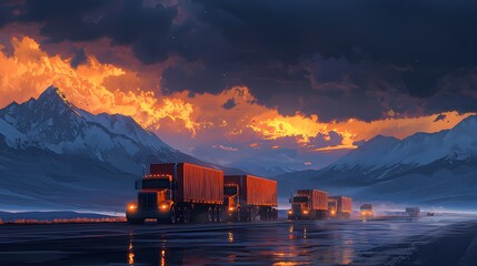 Fototapeta premium A red truck is driving down a road in the desert