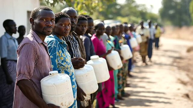 People Queuing for Water Distribution in Humanitarian Aid Scenario
