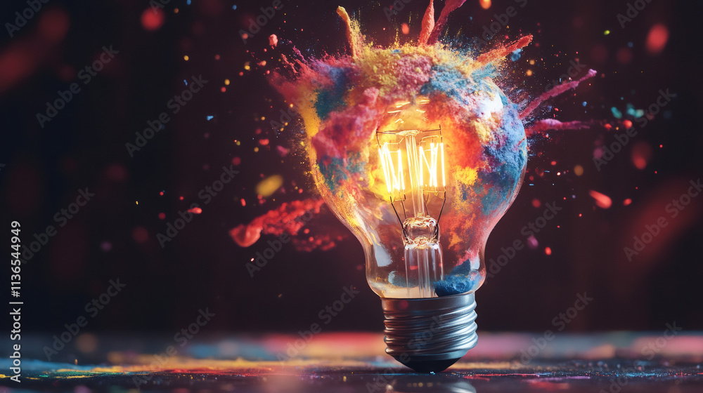 Aufkleber lit light bulb exploding with bright colorful powder paint spreading colors on dark background, repr