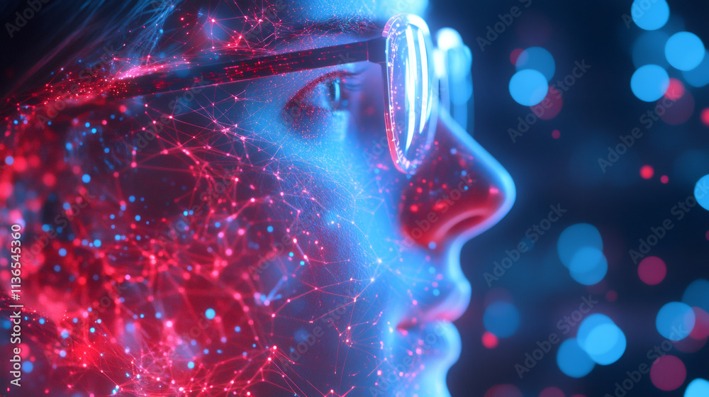 Poster scientist using advanced glasses to analyze neural network data, visualized as a complex web of inte