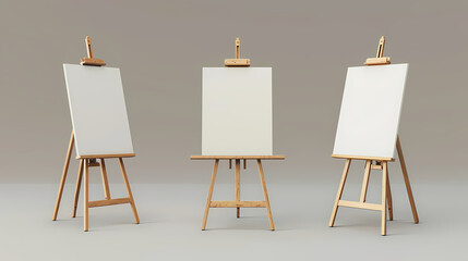 Blank Canvases Await: Three wooden easels stand at attention, each holding a pristine, white canvas, ready to be transformed into works of art.  A visual representation of creative potential.