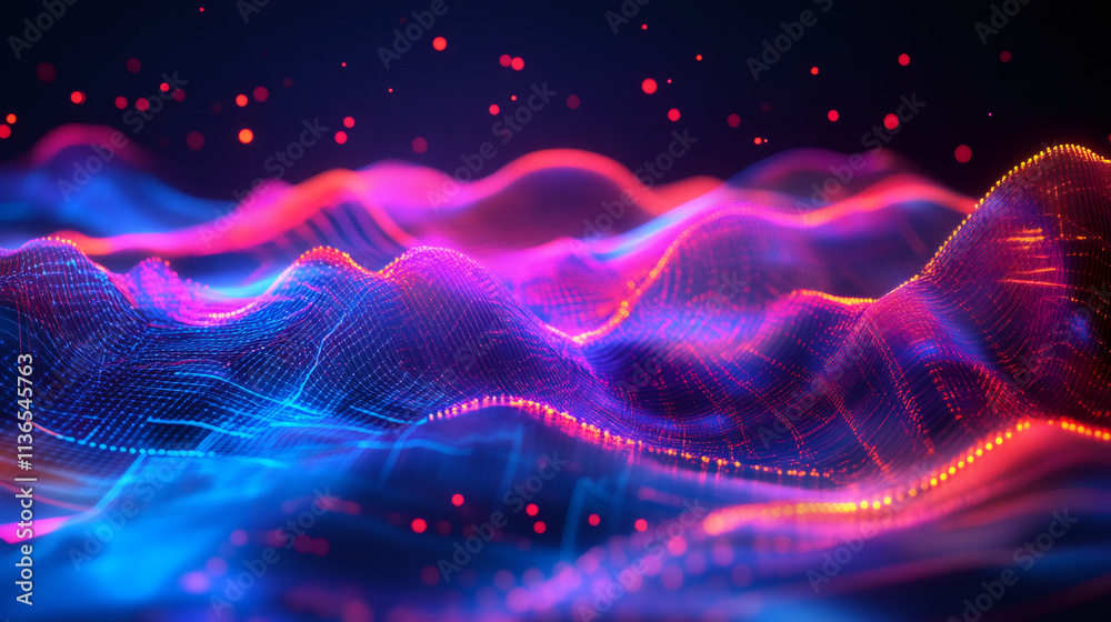 Poster Glowing particles creating a vibrant, colorful grid form a dynamic wavy surface against a deep, dark background, evoking a sense of innovation