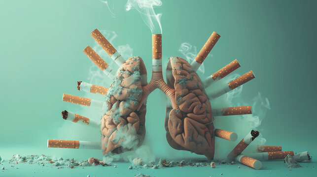 Cigarette Smoke and Human Lungs: An abstract image with a human brain and lungs surrounded by smoking cigarettes, representing the harmful effects of smoking on health.