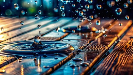 Obraz premium Long Exposure Raindrops Splashing Wooden Surface - Cool Refreshing Summer Rain Photography