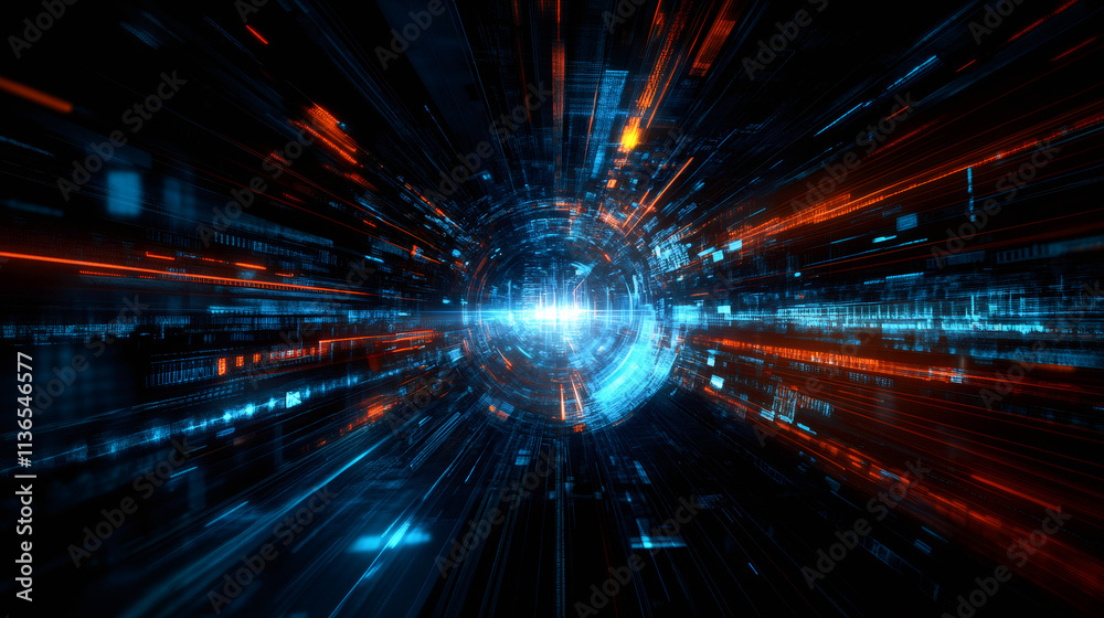 Aufkleber Binary code streams flowing through digital cyberspace tunnel visualizing big data transmission