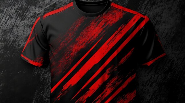 Create a T-shirt mockup for a football (soccer) jersey with an abstract red stripe line design. Incorporate a grunge texture for a rugged, edgy look.
