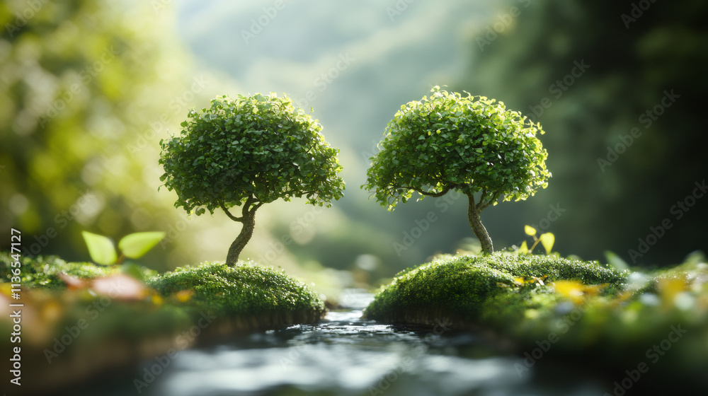 Poster lush green trees thrive on mossy mounds divided by a clear stream, creating a tranquil forest scene